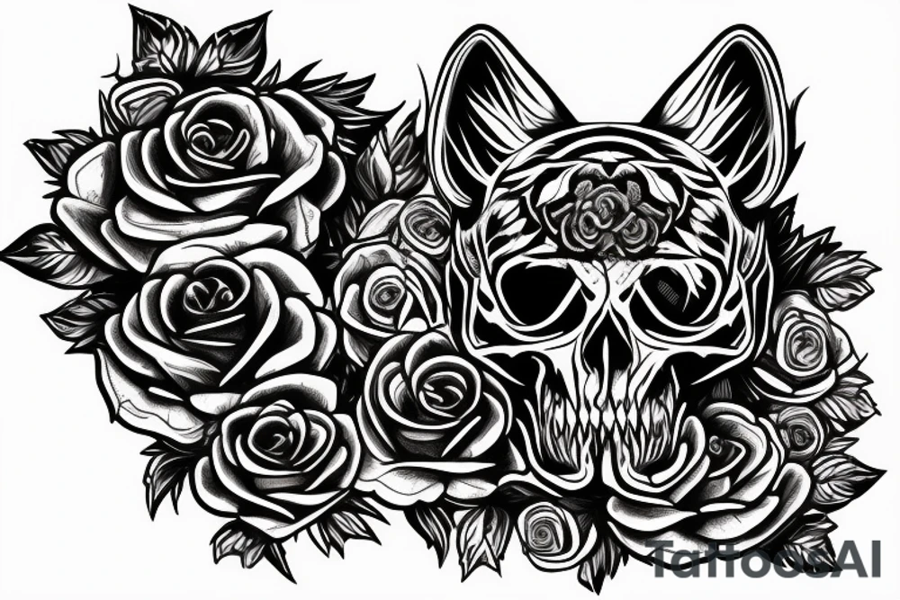 Wolf skull with roses tattoo idea