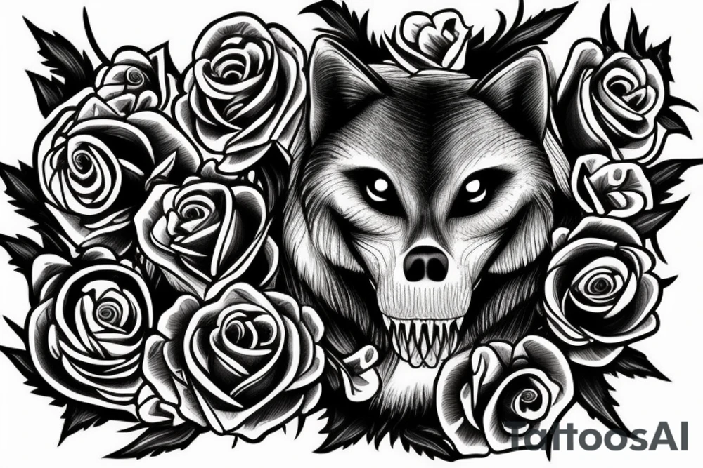 Wolf skull with roses tattoo idea