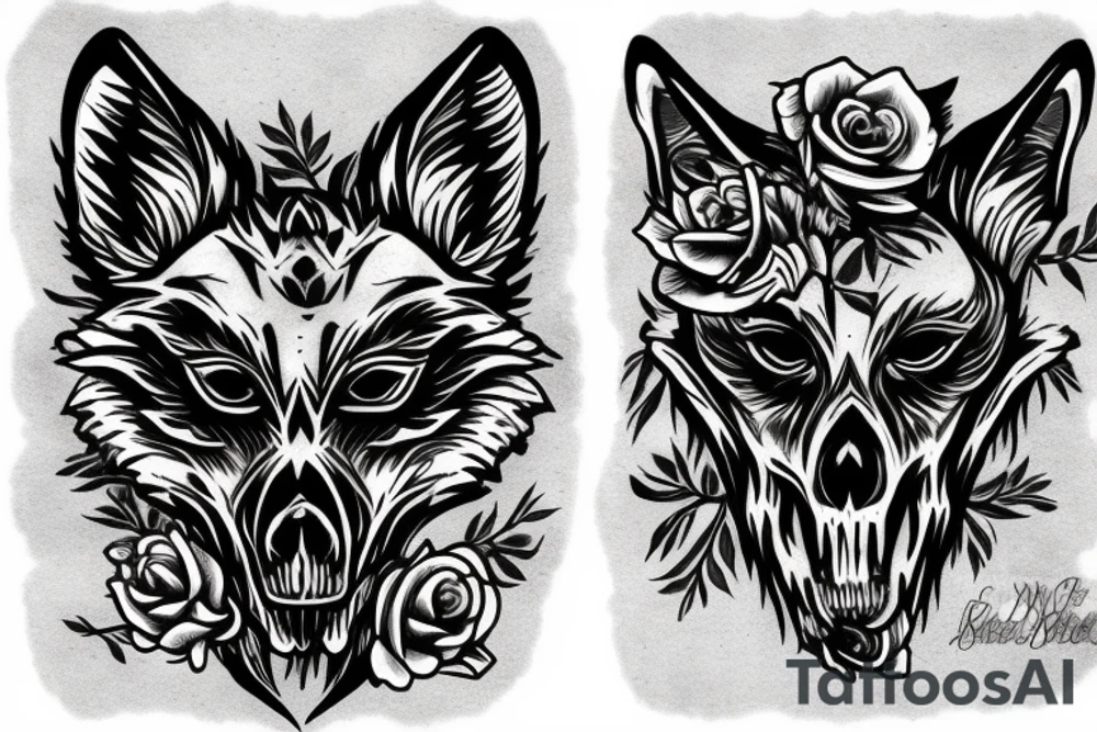 Wolf skull with roses tattoo idea