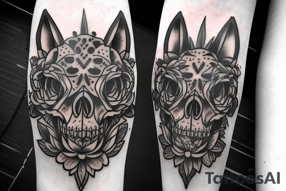 Wolf skull with roses tattoo idea