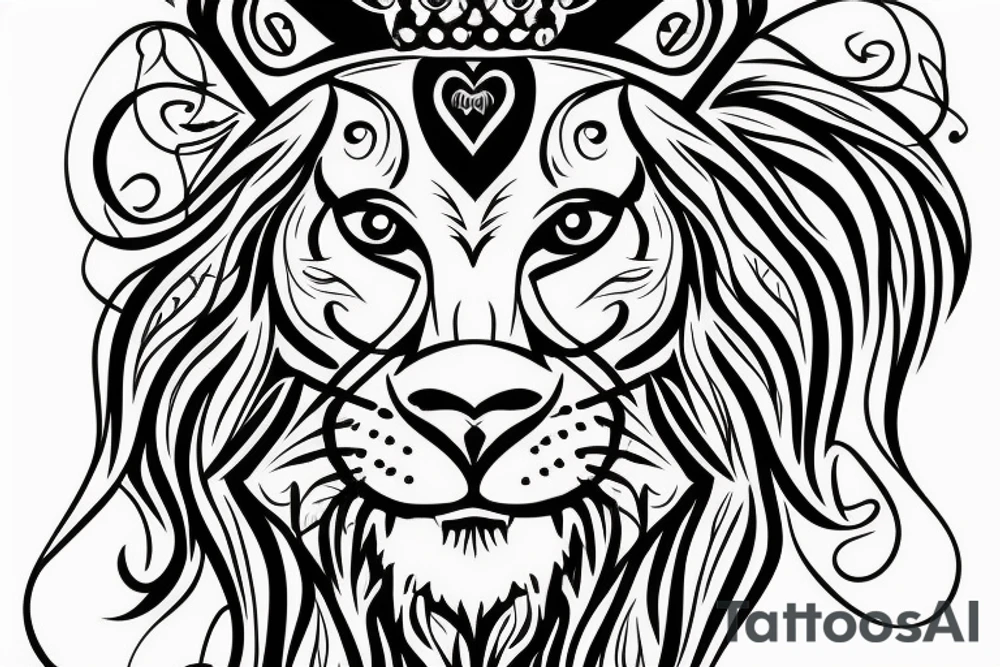 Lioness head with crown and letter e with heart tattoo idea