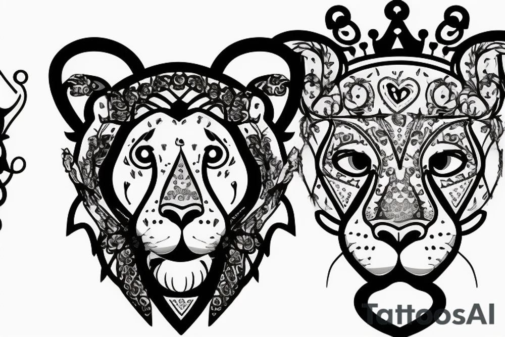 Lioness head with crown and letter e with heart tattoo idea