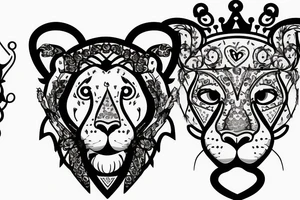 Lioness head with crown and letter e with heart tattoo idea