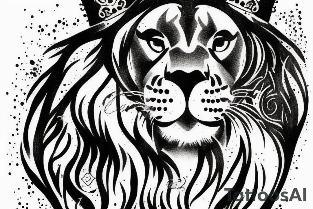 Lioness head with crown and letter e with heart tattoo idea