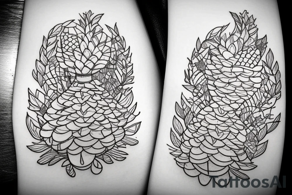 pinecone with marcaba sine , two cristals coming of mushroom , hexagon shapes , small flying dics tattoo idea