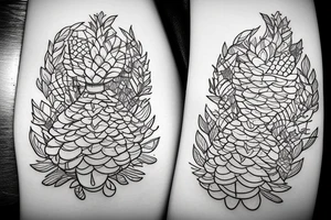 pinecone with marcaba sine , two cristals coming of mushroom , hexagon shapes , small flying dics tattoo idea