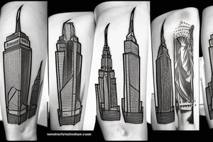 fineline
skyline
statue of liberty
brooklyn bridge
grand army plaza
freedom tower
empire state building tattoo idea