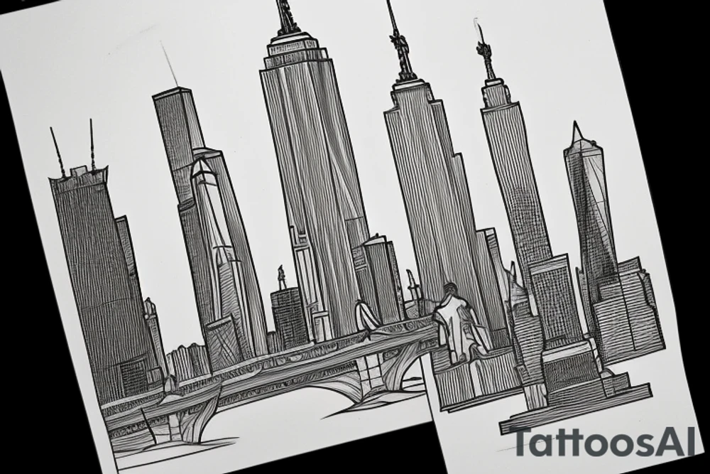 fineline
minimalist
skyline
statue of liberty
brooklyn bridge
grand army plaza
freedom tower
empire state building tattoo idea