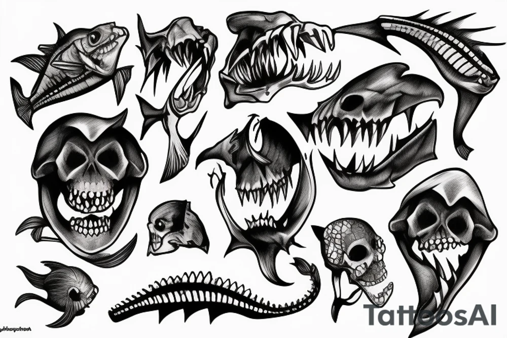 Fish skeleton with sharp teeth tattoo idea