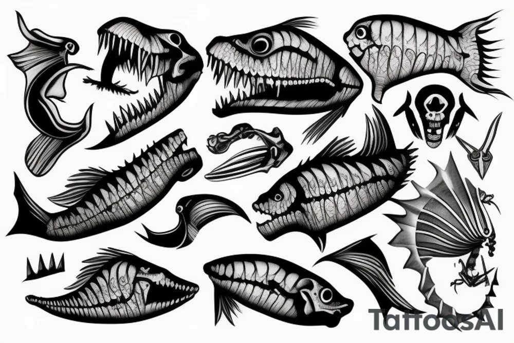 Fish skeleton with sharp teeth tattoo idea