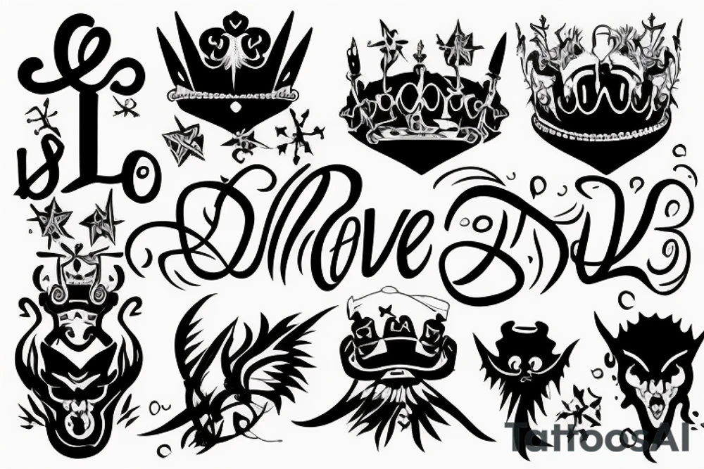 "LOVE H3R" written as is, with an angel's crown over the H and a devil's tail ending the "R" tattoo idea