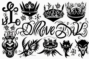 "LOVE H3R" written as is, with an angel's crown over the H and a devil's tail ending the "R" tattoo idea