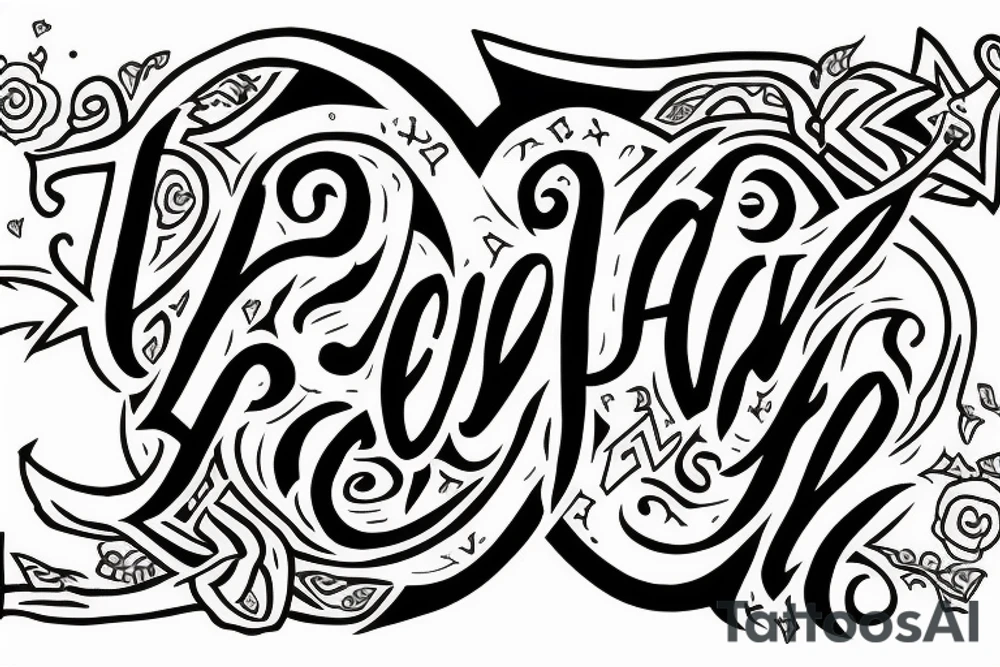 "LOVE H3R" written as is, with an angel's crown over the H and a devil's tail ending the "R" tattoo idea