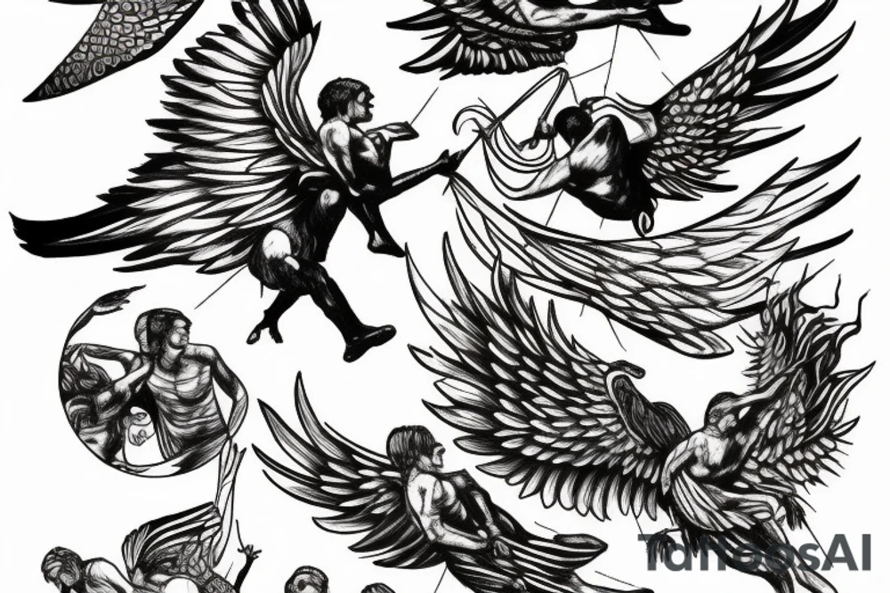 fall of icarus in fine line tattoo idea