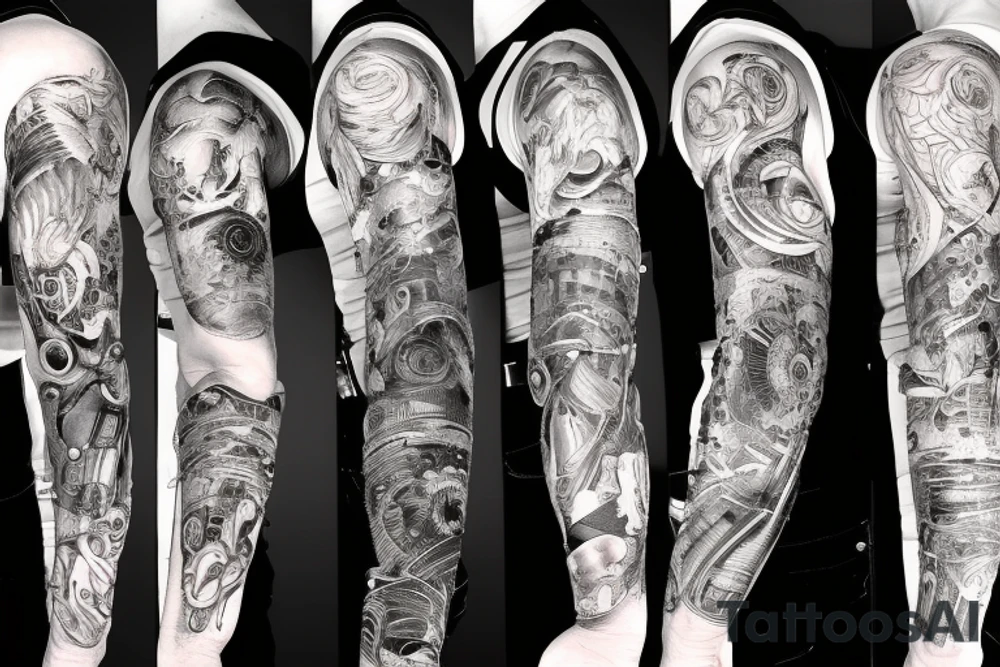full sleeve, arm, tech, gears, circuit, torn skin, technology, biomechanical tattoo idea