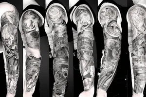 full sleeve, arm, tech, gears, circuit, torn skin, technology, biomechanical tattoo idea