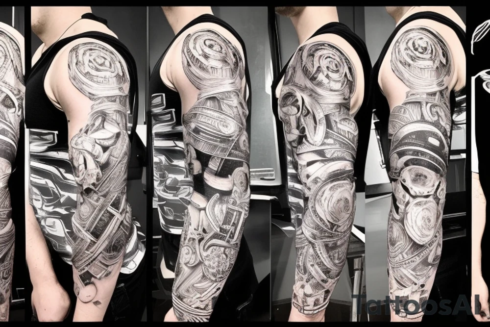 full sleeve, arm, tech, gears, circuit, torn skin, technology, biomechanical tattoo idea