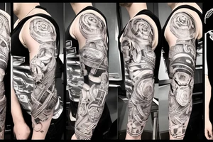 full sleeve, arm, tech, gears, circuit, torn skin, technology, biomechanical tattoo idea