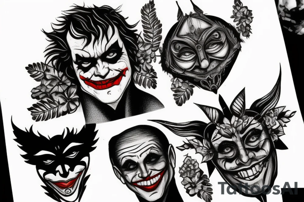 new york city, joker, face, sad storry, forest, crow tattoo idea