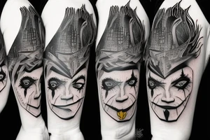 new york city, joker, face, sad storry, forest, crow tattoo idea
