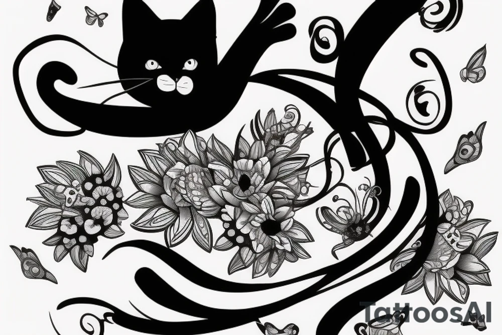 black cat playing with a butterfly, oneline tattoo idea black cat playing with a butterfly, oneline tattoo idea