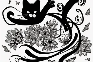 black cat playing with a butterfly, oneline tattoo idea