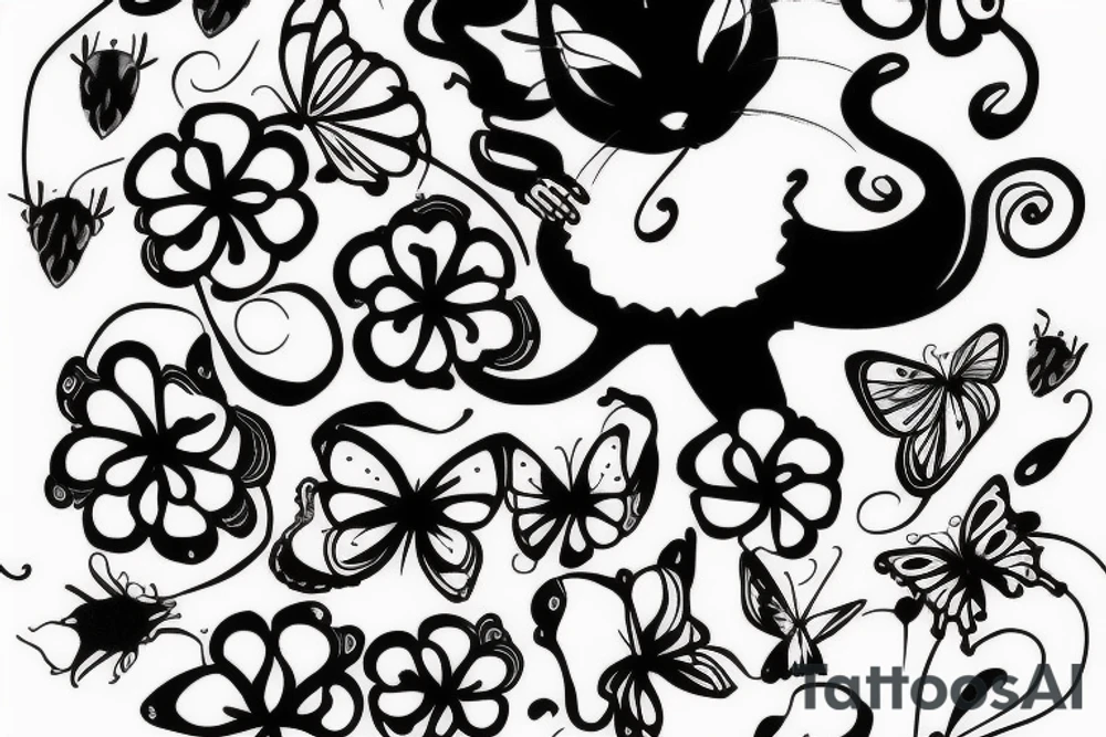 black cat playing with a butterfly, oneline tattoo idea