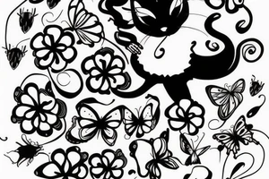 black cat playing with a butterfly, oneline tattoo idea