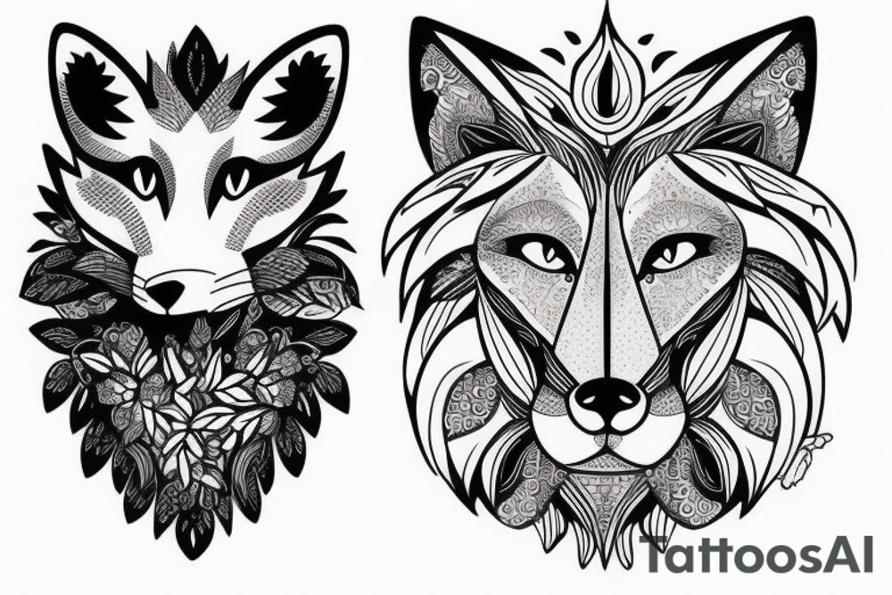 Beautiful fox with cute lion cub and cute kitten tattoo idea