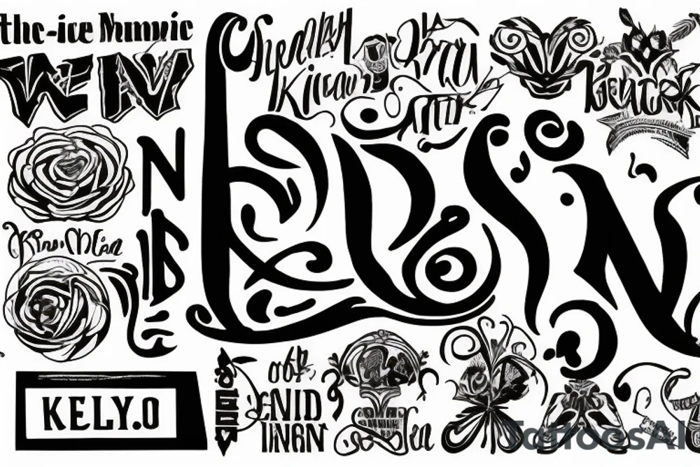 the word Kelley written out in an old font with a design surrounding tattoo idea