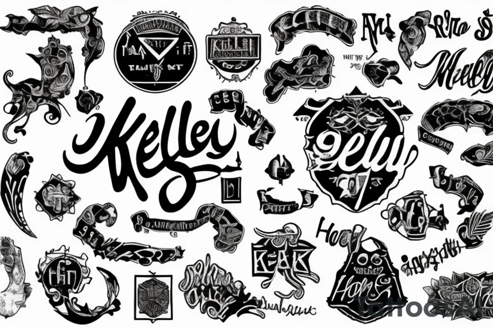 the word Kelley written out in an old font with a design surrounding tattoo idea