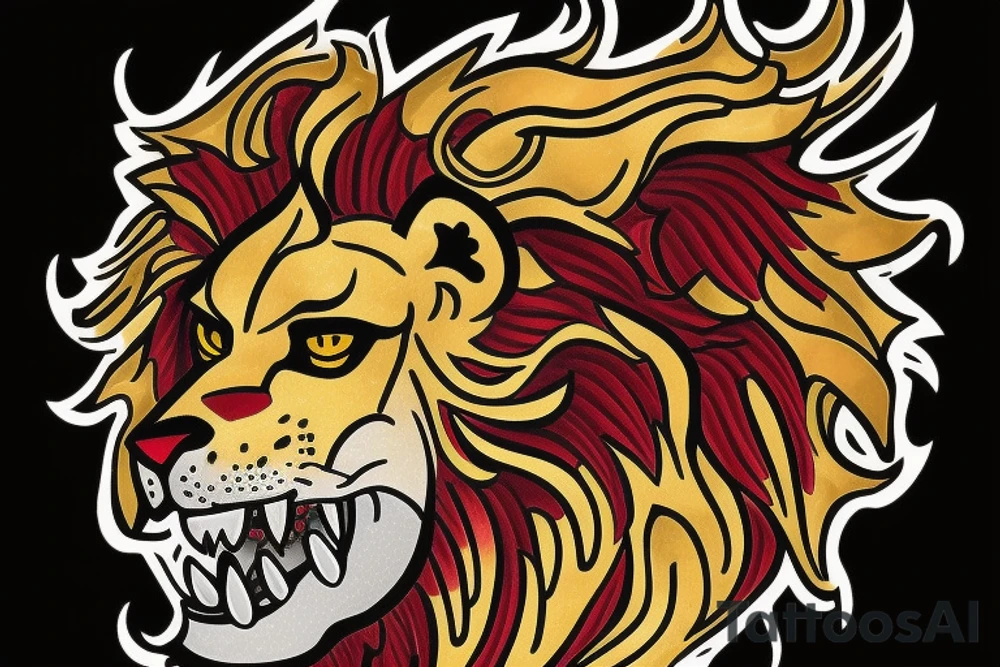 Golden Lion with red garnet in its mouth tattoo idea