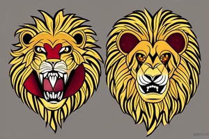 Golden Lion with red garnet in its mouth facing forward tattoo idea