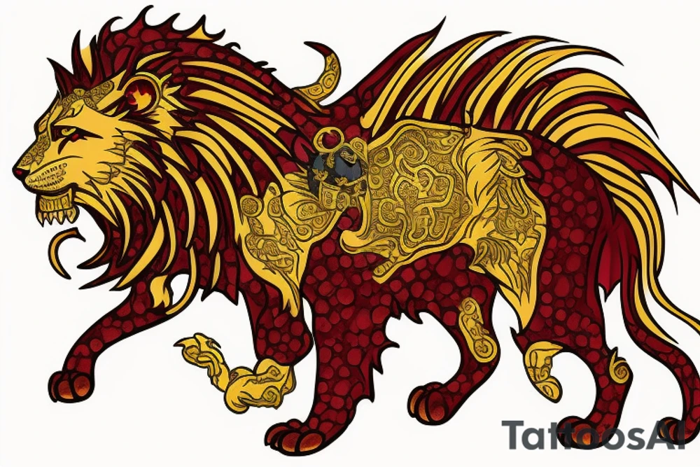 Golden Lion with red garnet in its mouth facing forward tattoo idea