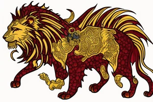 Golden Lion with red garnet in its mouth facing forward tattoo idea