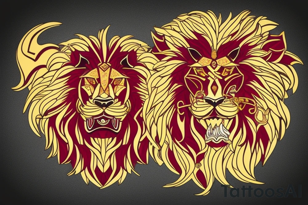 Golden Lion with red garnet in its mouth facing forward tattoo idea