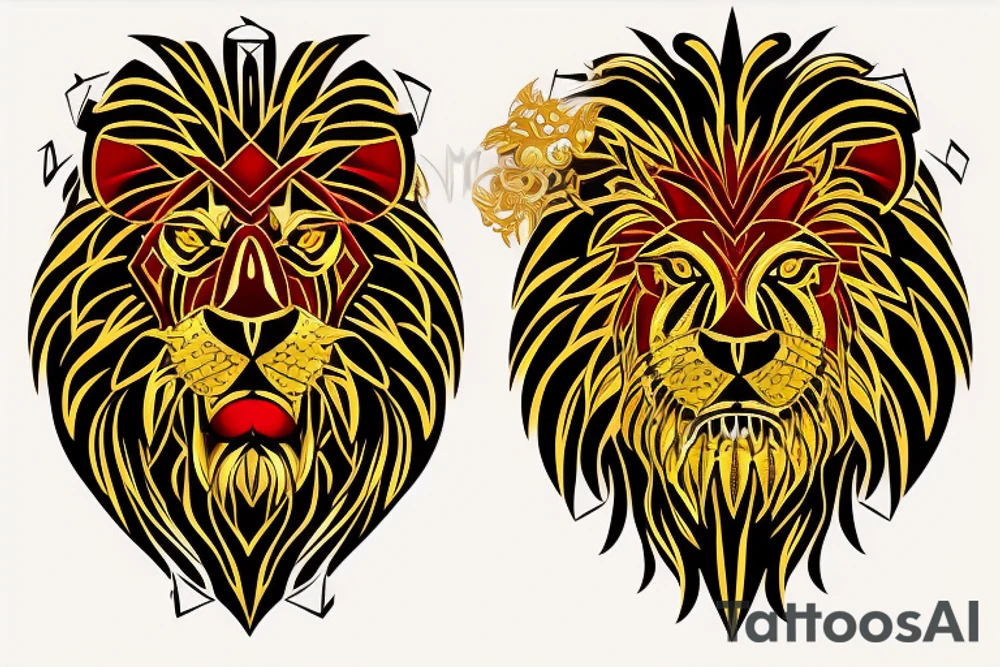 Golden Lion with red garnet in its mouth facing forward tattoo idea
