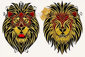 Golden Lion with red garnet in its mouth facing forward tattoo idea