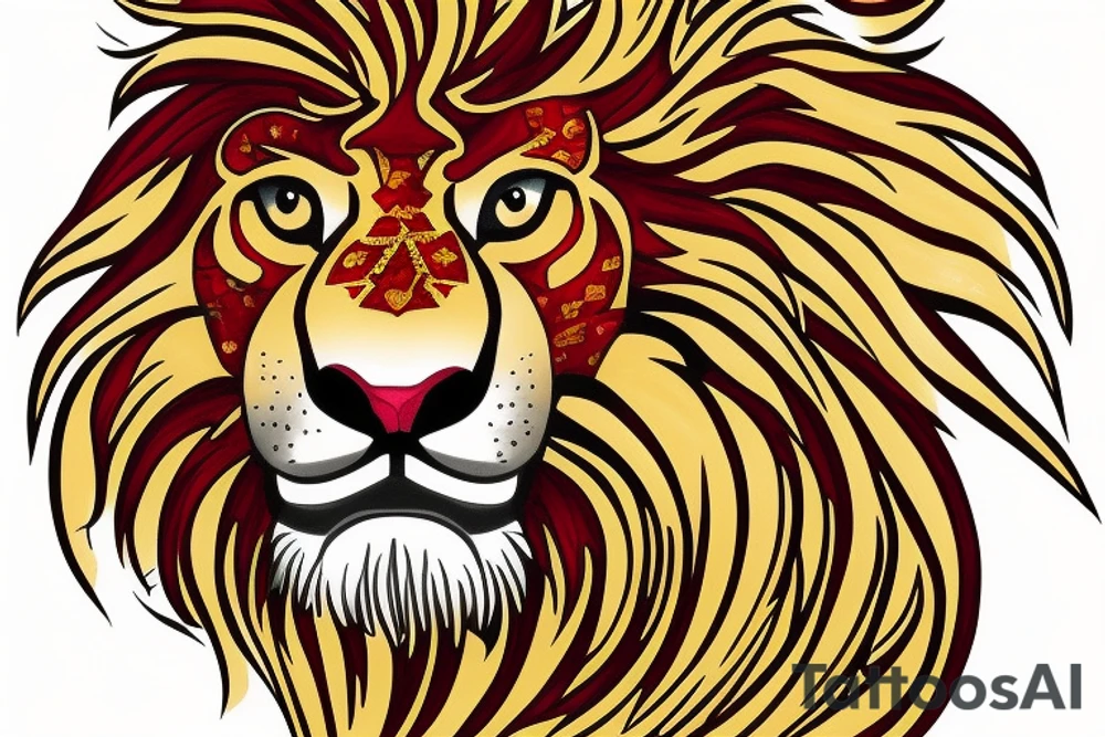 Golden Lion with red garnet in its mouth facing forward tattoo idea