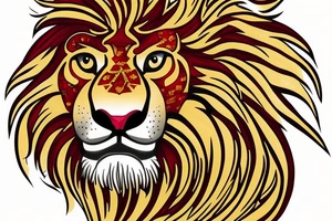 Golden Lion with red garnet in its mouth facing forward tattoo idea