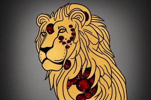 Golden Lion with red garnet in its mouth facing forward tattoo idea