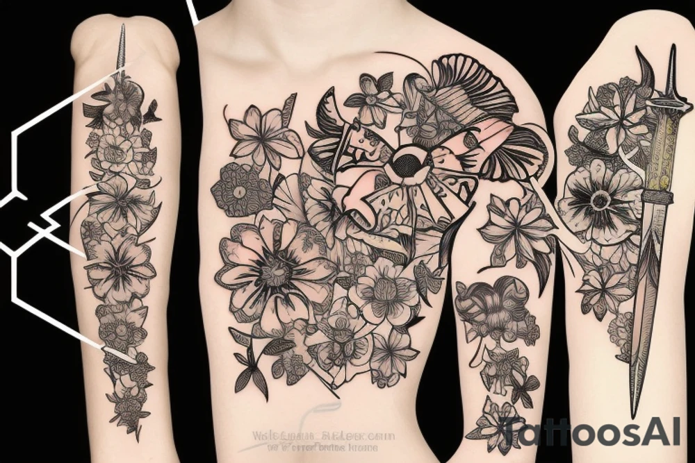 SWORD WITH FLOWERS AND BUTTERFLYS tattoo idea