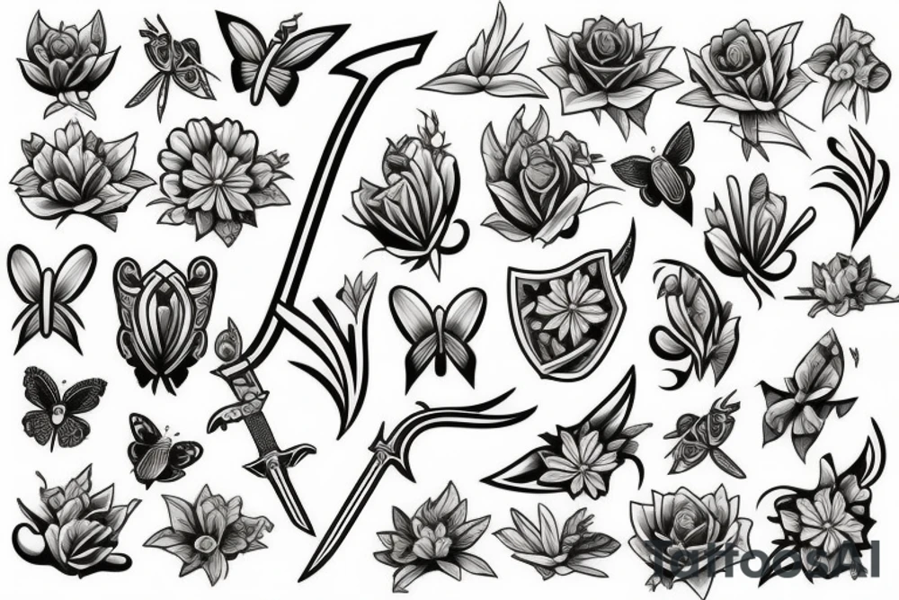 SWORD THROUGH
 FLOWERS AND BUTTERFLYS tattoo idea