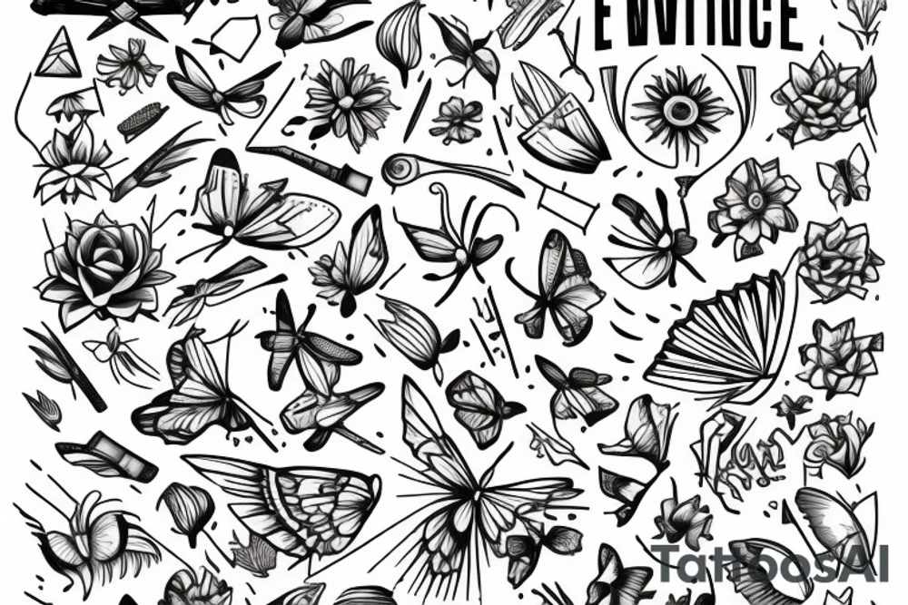 SWORD THROUGH
 FLOWERS AND BUTTERFLYS 
WITH TEXT ''WAIT BY THE RIVER OF RESOURCES LONG ENOUGH AND WATCH ENIMES FLOAT BY'' tattoo idea