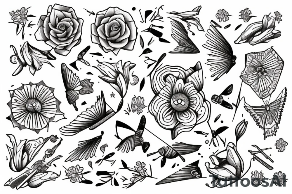 SWORD THROUGH
 FLOWERS AND BUTTERFLYS 
WITH TEXT ''WAIT BY THE RIVER OF RESOURCES LONG ENOUGH AND WATCH ENIMES FLOAT BY'' tattoo idea