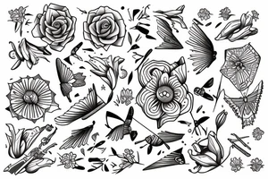 SWORD THROUGH
 FLOWERS AND BUTTERFLYS 
WITH TEXT ''WAIT BY THE RIVER OF RESOURCES LONG ENOUGH AND WATCH ENIMES FLOAT BY'' tattoo idea