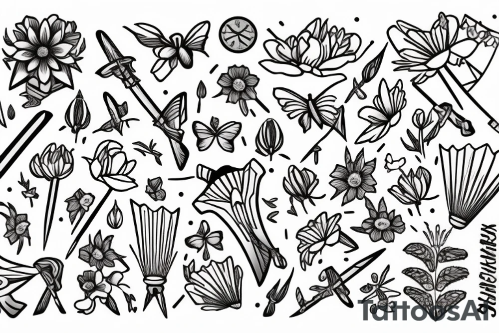 SWORD THROUGH
 FLOWERS AND BUTTERFLYS 
WITH TEXT ''WAIT BY THE RIVER OF RESOURCES LONG ENOUGH AND WATCH ENIMES FLOAT BY'' tattoo idea