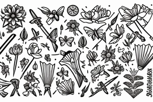 SWORD THROUGH
 FLOWERS AND BUTTERFLYS 
WITH TEXT ''WAIT BY THE RIVER OF RESOURCES LONG ENOUGH AND WATCH ENIMES FLOAT BY'' tattoo idea