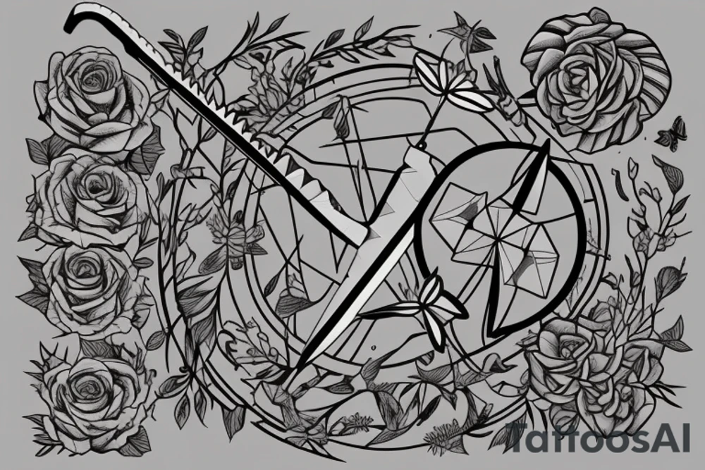 SWORD THROUGH
 FLOWERS AND BUTTERFLYS 
WITH TEXT ''WAIT BY THE RIVER OF RESOURCES LONG ENOUGH AND WATCH ENIMES FLOAT BY'' tattoo idea