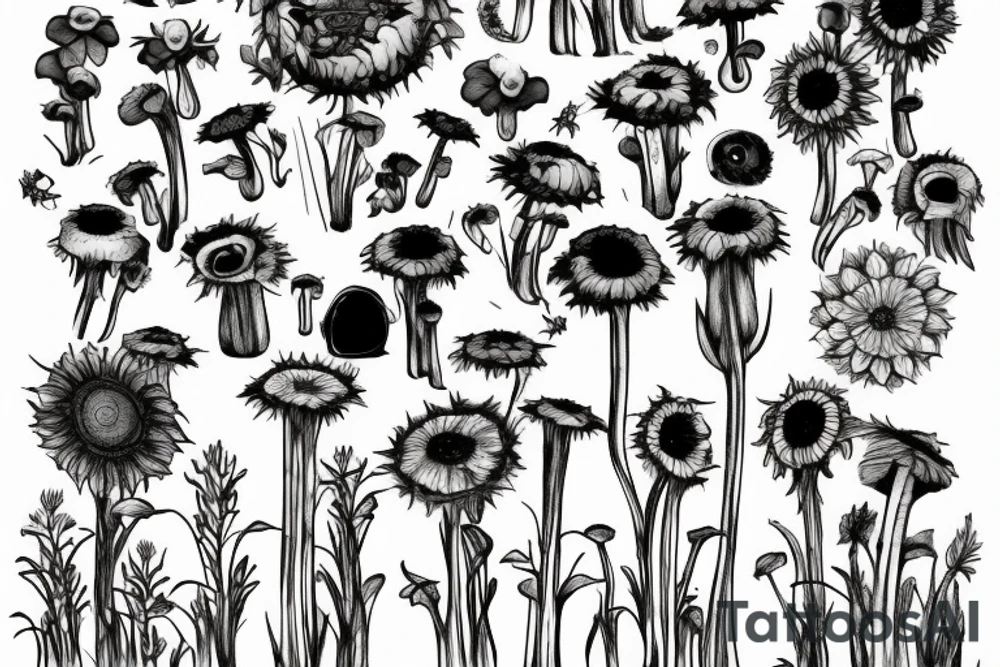Vine of sunflowers, toadstools, pride, blended tattoo idea